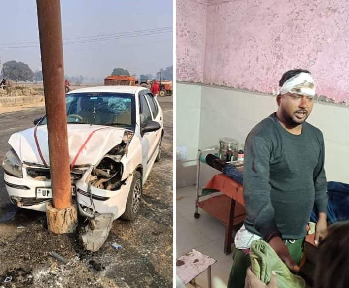 रायबरेली - बाईपास मार्ग पर मौजूद विद्युत पोल से टकराई कार, युवक घायल