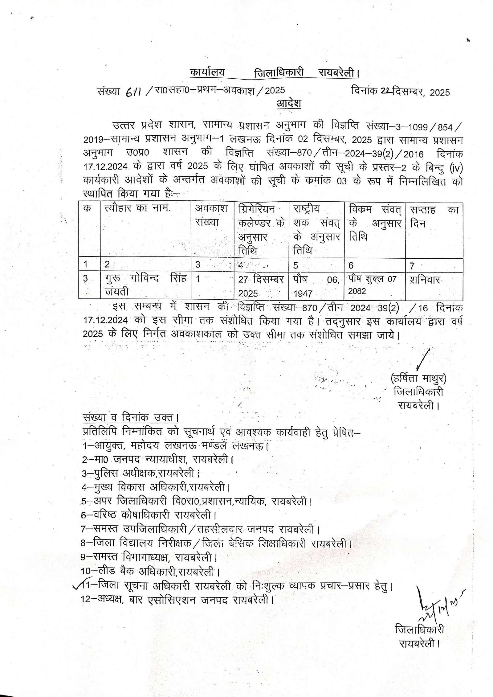 रायबरेली - 27 दिसम्बर 2025 को गुरू गोविन्द सिंह जयंती पर रहेगा अवकाश