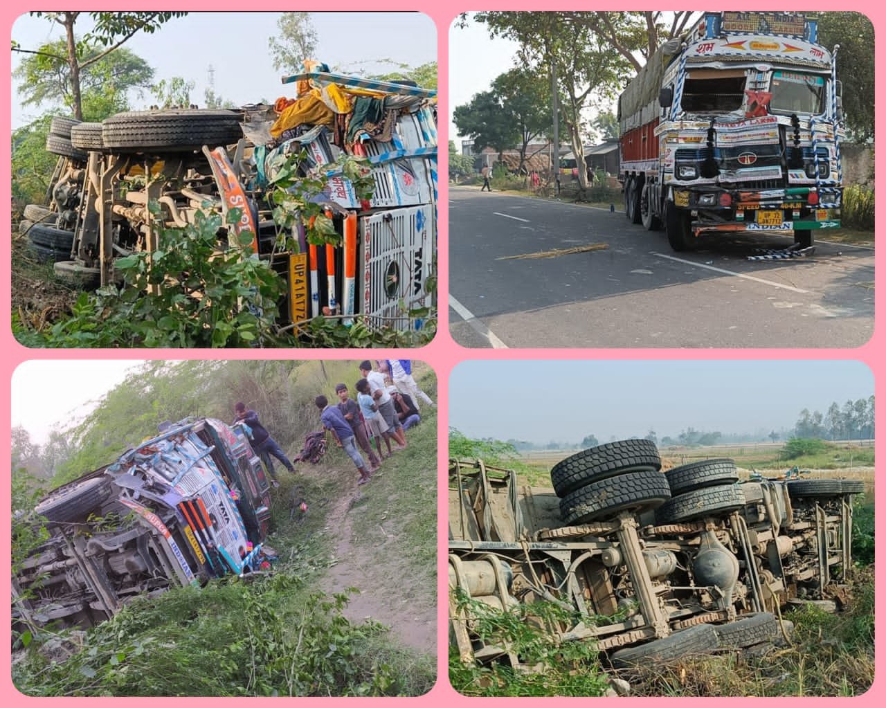 Raibareli-2 ट्रकों की भिड़ंत में मौरंग लदा ट्रक खन्ती में पलट ! चालक जख्मी