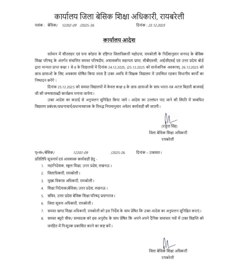 रायबरेली: कड़ाके की ठंड व शीतलहर को लेकर अवकाश घोषित