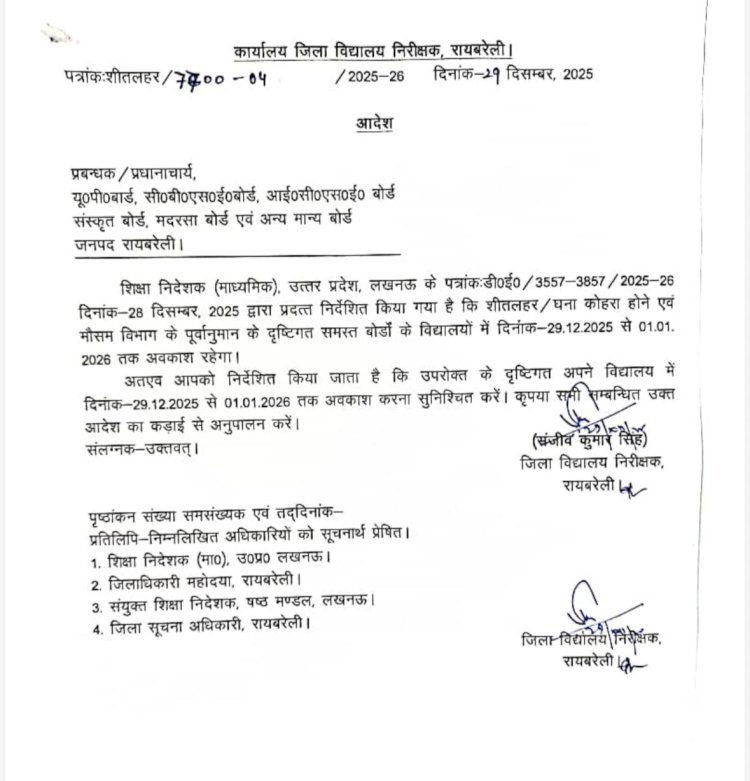 रायबरेली: कड़ाके की ठंड व शीतलहर को लेकर अवकाश घोषित