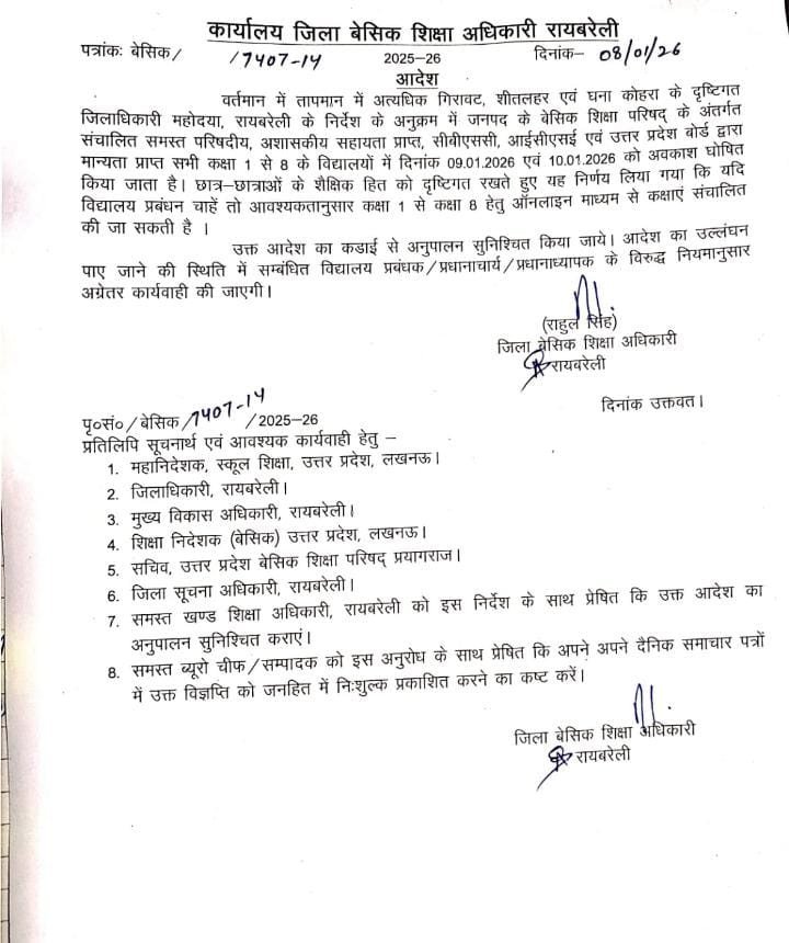 रायबरेली: कड़ाके की ठंड व शीतलहर को लेकर अवकाश घोषित