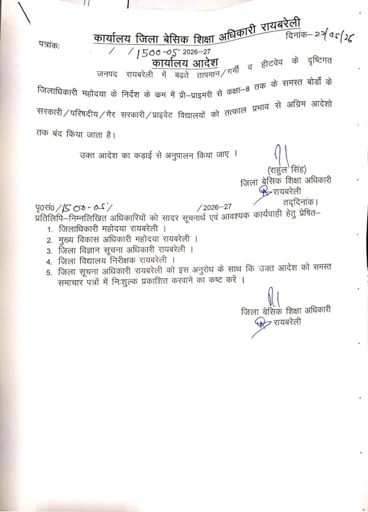 रायबरेली-हीट वेव के तहत कक्षा 8 तक के विद्यालयों में अवकाश घोषित